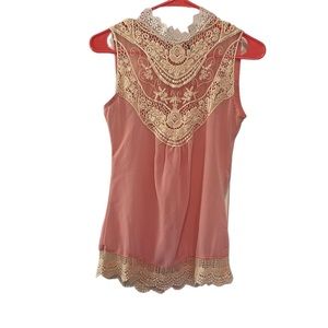 Show Lai Pink & Cream Crochet High Neck Sheer Tank